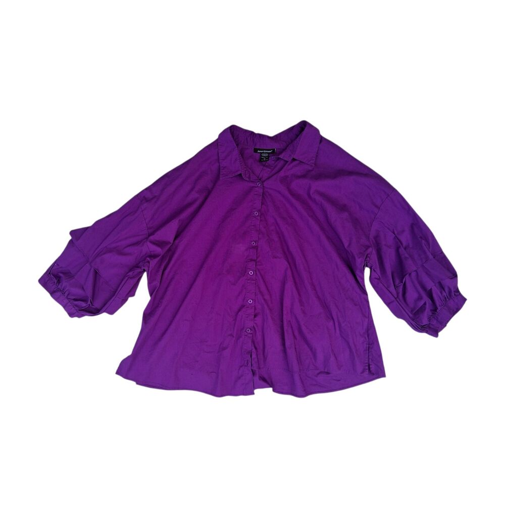 Ashley Stewart Plus Size 28 Solid Purple Tiered Ruffle Sleeve Button Down Shirt